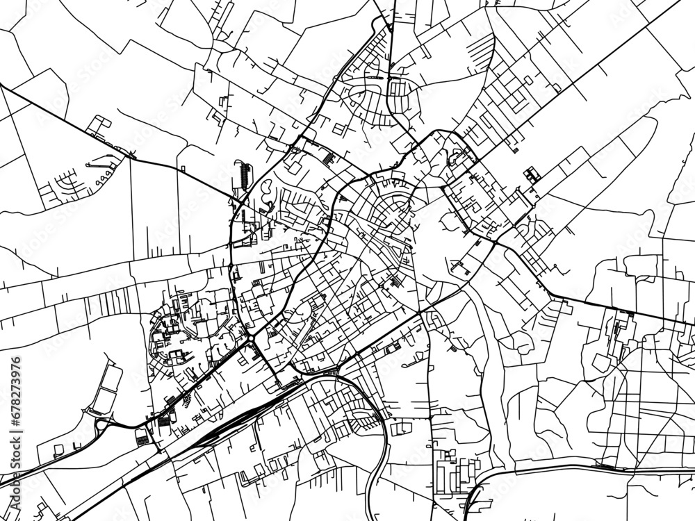 Vector road map of the city of Kalisz in Poland with black roads on a white background.