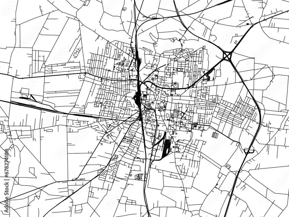 Vector road map of the city of Ostrow Wielkopolski in Poland with black roads on a white background.