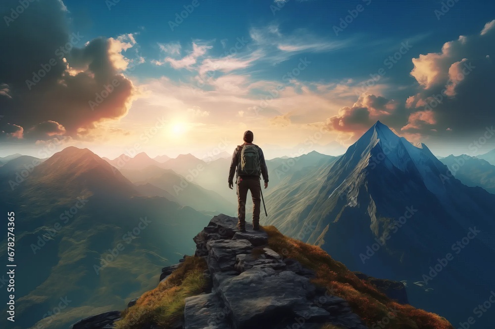 Adult man heading to mountain top Adult man heading to mountain top