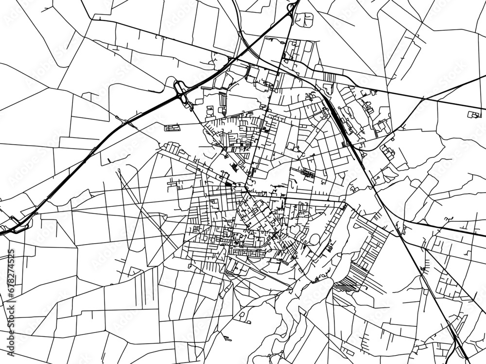 Vector road map of the city of Tomaszow Mazowiecki in Poland with black roads on a white background.