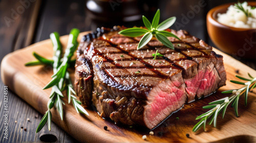 scene a sizzling beef steak succulent beef steak is beautifully plated with a sprinkle of fresh herbs, showcasing its juicy, medium-rare perfection, juicy texture and rich marbling of the meat photo
