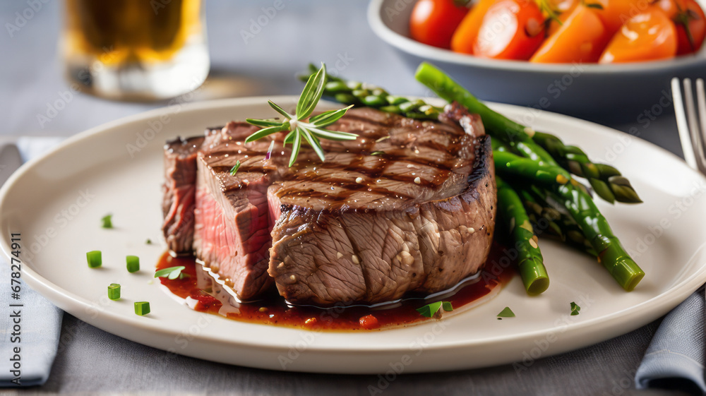 scene a sizzling beef steak succulent beef steak is beautifully plated with a sprinkle of fresh herbs, showcasing its juicy, medium-rare perfection, juicy texture and rich marbling of the meat scene a sizzling beef steak succulent beef steak is beautifully plated with a sprinkle of fresh herbs, showcasing its juicy, medium-rare perfection, juicy texture and rich marbling of the meat