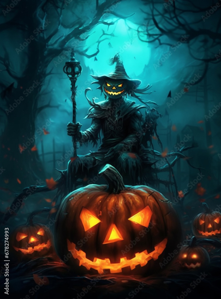 Sinister Scarecrow with Menacing Halloween Pumpkin in a Dark Night Bathed in Moonlight AI generated Sinister Scarecrow with Menacing Halloween Pumpkin in a Dark Night Bathed in Moonlight AI generated