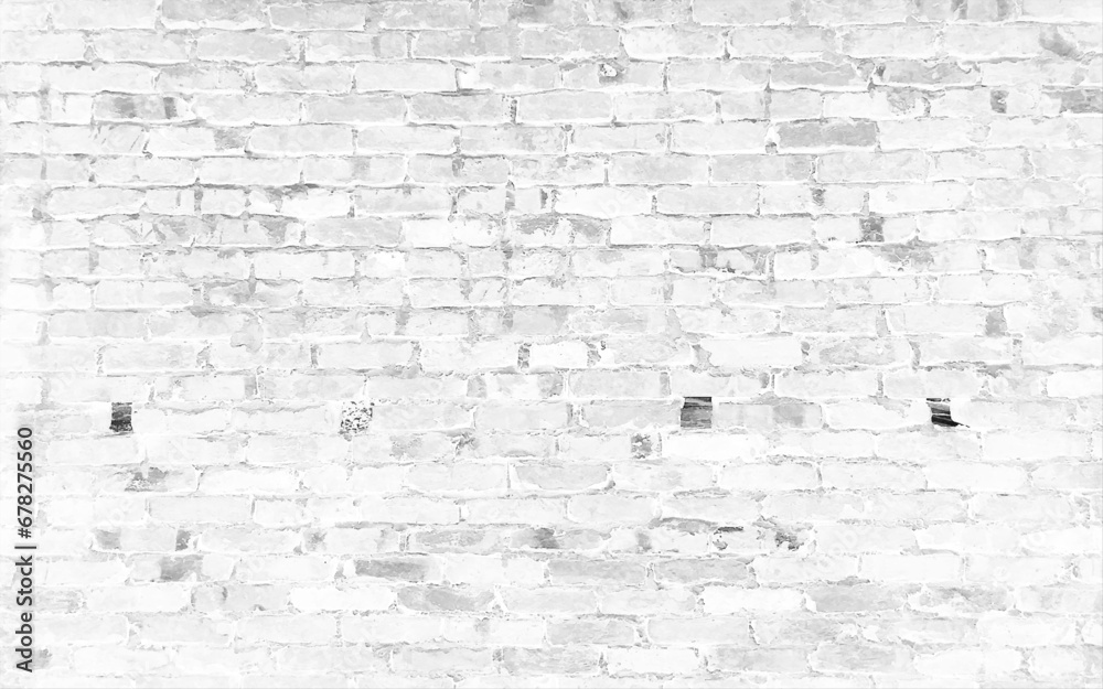Fototapeta premium Simple grungy white brick wall with light gray shades seamless pattern surface texture background in wide panorama banner format. Vector illustration.