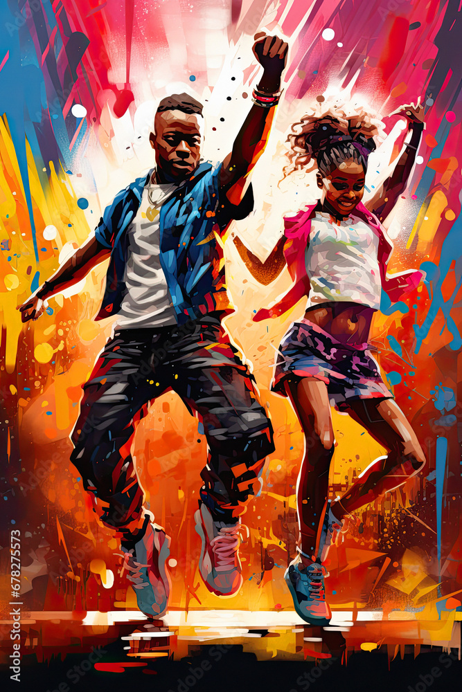 black boy and girl dancing hip hop style, grafitti background