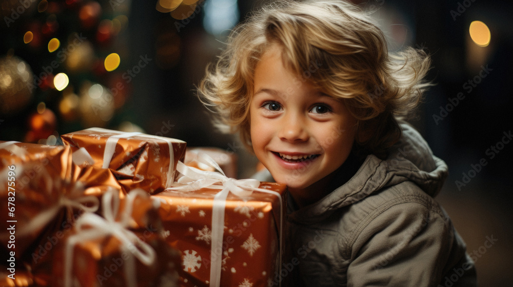 Cute little boy with gift boxes on Christmas eve, closeup. Cute little boy with gift boxes on Christmas eve, closeup.