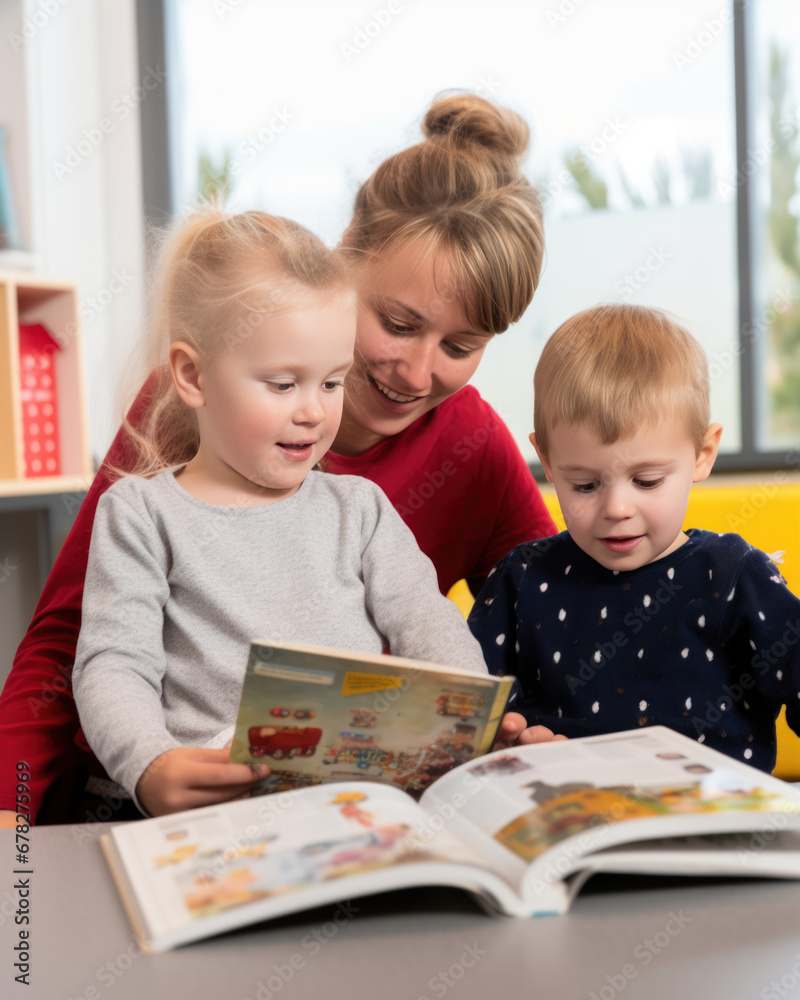 jeunes enfants qui lisent un livre en compagnie d'un adulte dans une bibliothèque jeunes enfants qui lisent un livre en compagnie d'un adulte dans une bibliothèque