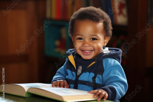 jeune enfant heureux en train de lire un livre, absorbé, captiver par sa découverte de la lecture photo
