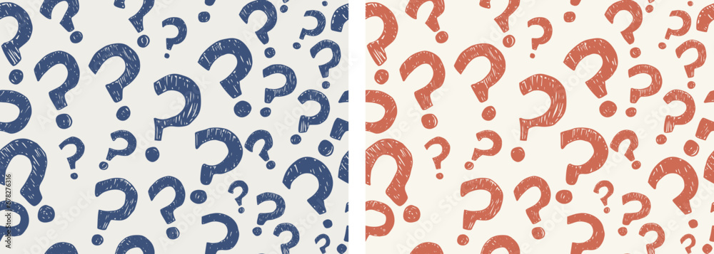 Random sign question marks seamless pattern background. Backdrop interrogation doodle style.Questionnaire wallpaper.Concept of choice or problem or question or doubt or interrogation. Faq - obrazy, fototapety, plakaty 