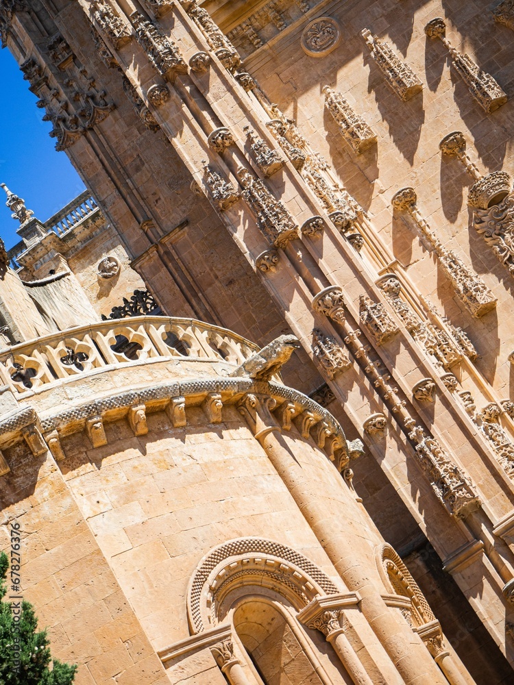 Vertical low angle of the mesmerizing architecture of the monumental city Salamanca in Spain
