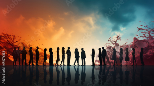 Silhouettes of business people standing in a row. 3D rendering.