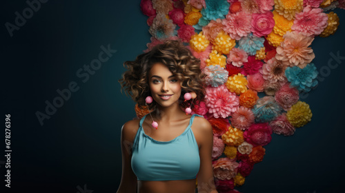 Beautiful young woman with curly hair and colorful flowers on blossom background.