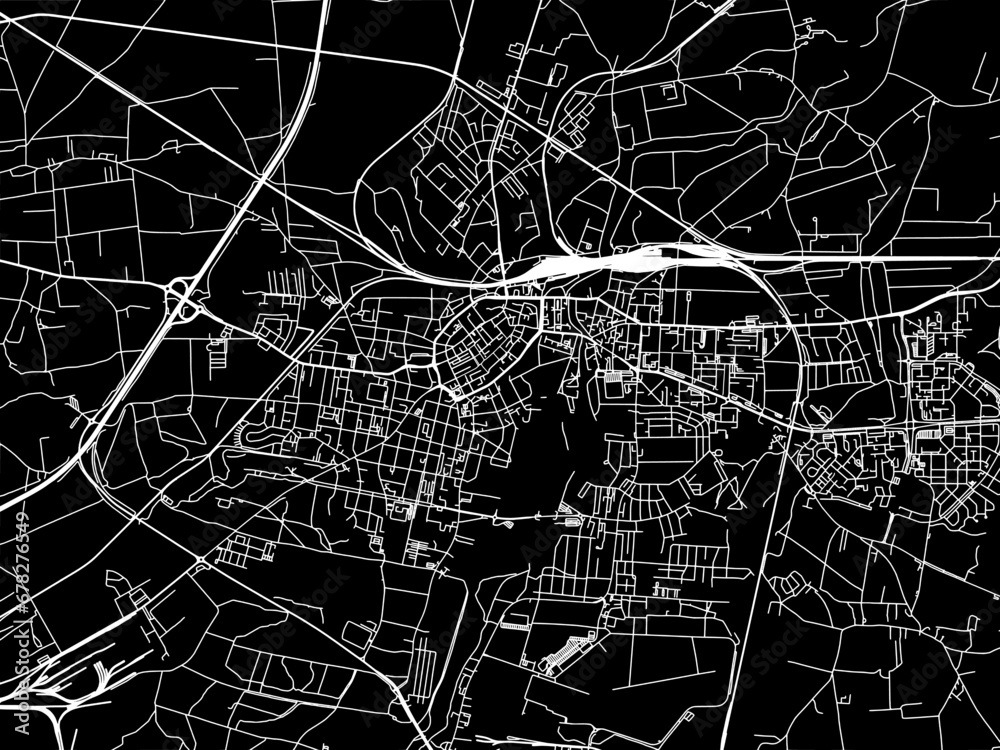 Vector road map of the city of Legnica in Poland with white roads on a black background.