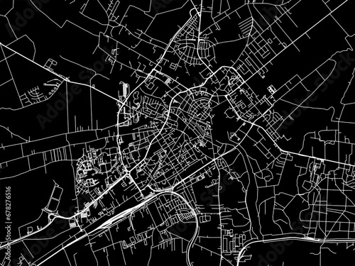 Vector road map of the city of Kalisz in Poland with white roads on a black background.