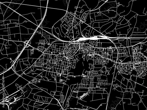 Vector road map of the city of Legnica in Poland with white roads on a black background.