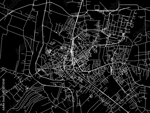 Vector road map of the city of Mielec in Poland with white roads on a black background.