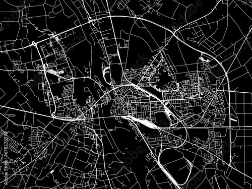 Vector road map of the city of Opole in Poland with white roads on a black background.