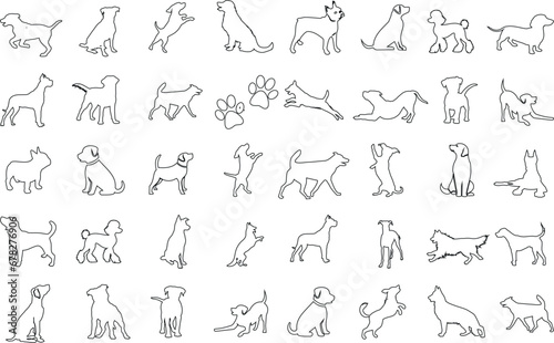 Dog line art vector illustration set, showcasing various breeds in unique poses. Ideal for pet lovers, dog-themed designs. Features poodle, dalmatian, bulldog, terrier, labrador, retriever, beagle, ch