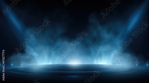Stage with spotlights ready for performance, set against a dark background with mist rising, creating an atmospheric ambiance and a captivating space ready for a performer or product presentation.