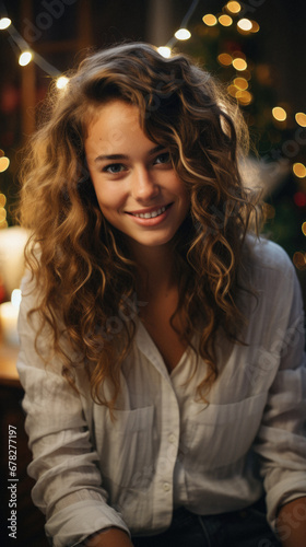 Portrait of a beautiful young woman with curly hair in a room decorated for Christmas.