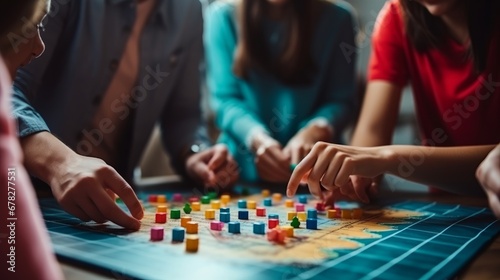 Happy family playing board game at home, happiness concept photo
