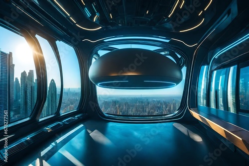  A futuristic sci-fi pod bedroom suspended in mid-air with a panoramic view of a futuristic cityscape photo