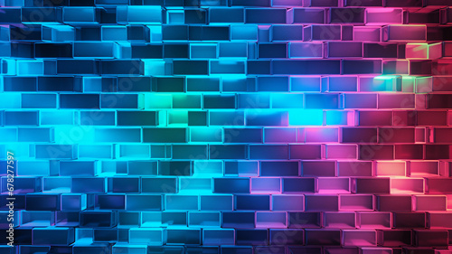 Blue and pink neon brick wall background. Ai render illustration