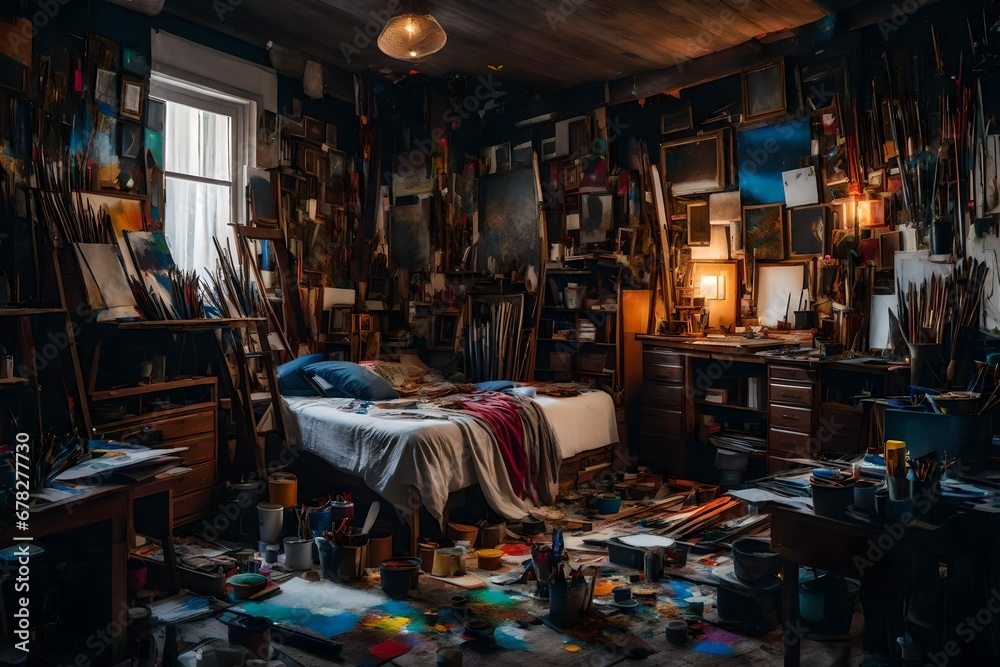 A cluttered artist's bedroom filled with canvases, paintbrushes, and colorful splatters of paint.