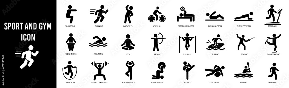 Gym and fitness icon set. Healthy lifestyle. Solid icons - obrazy, fototapety, plakaty 