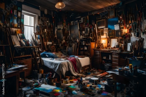 A cluttered artist's bedroom filled with canvases, paintbrushes, and colorful splatters of paint.