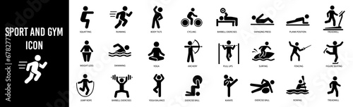 Gym and fitness icon set. Healthy lifestyle. Solid icons photo