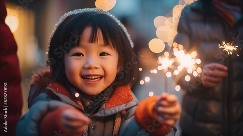 Children playing with sparklers, dressed in new clothes to celebrate the festival, Chinese new year