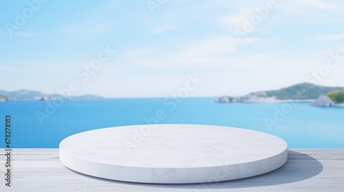White marble podium standing on smooth wooden floor, copy space
