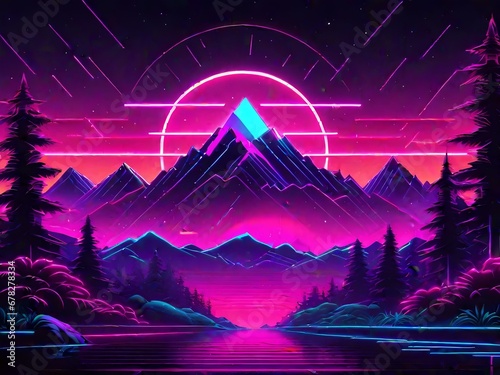 Aesthetic mountain synthwave retrowave wallpaper with a cool and vibrant neon design © zain