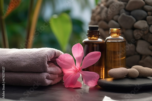 Spa composition with essential oil  Albizia flower and towels 