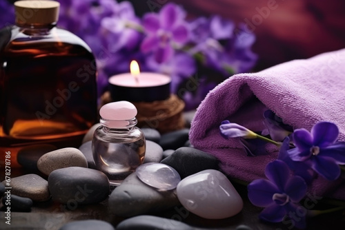 Spa composition with essential oil, violet flowers and towels 