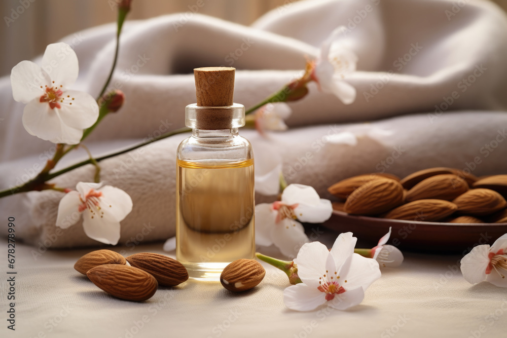 Fototapeta premium Spa composition with almond essential oil, flower and towels 