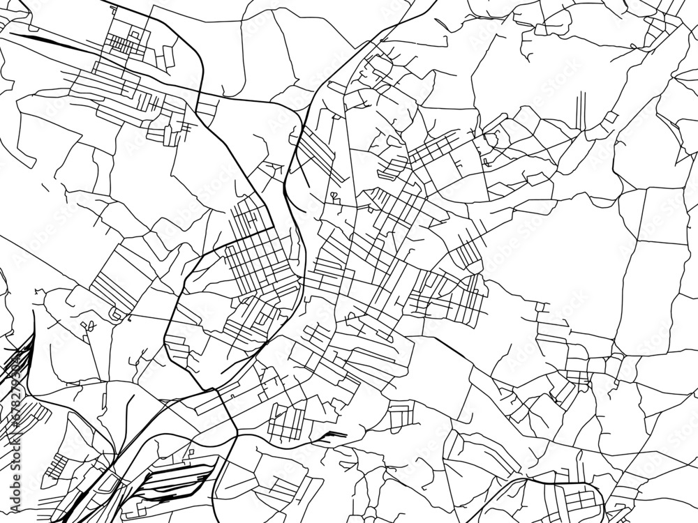 Vector road map of the city of Kadiyivka in Ukraine with black roads on a white background.
