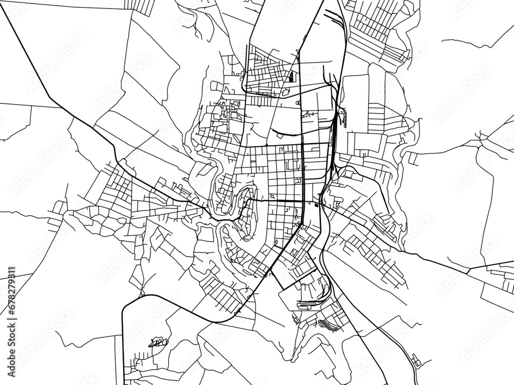 Vector road map of the city of Kamianets-Podilskyi in Ukraine with black roads on a white background.
