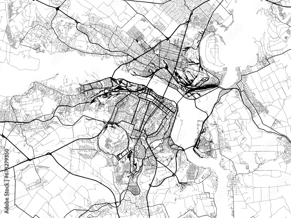 Vector road map of the city of Dnipro in Ukraine with black roads on a white background.