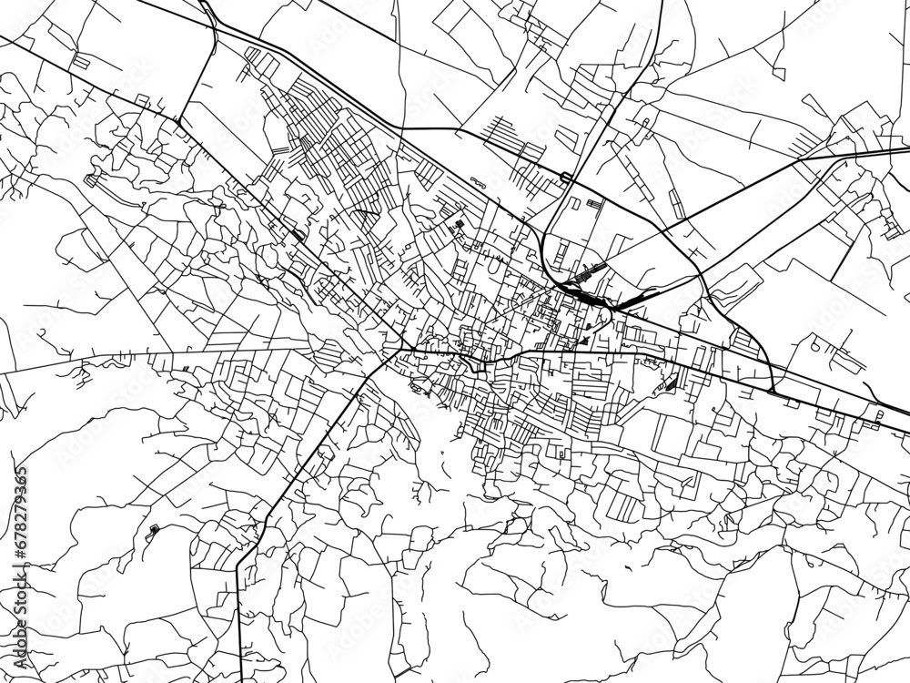 Vector road map of the city of Kolomyia in Ukraine with black roads on a white background.