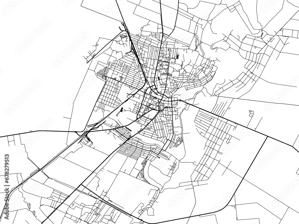 Vector road map of the city of Melitopol in Ukraine with black roads on a white background.