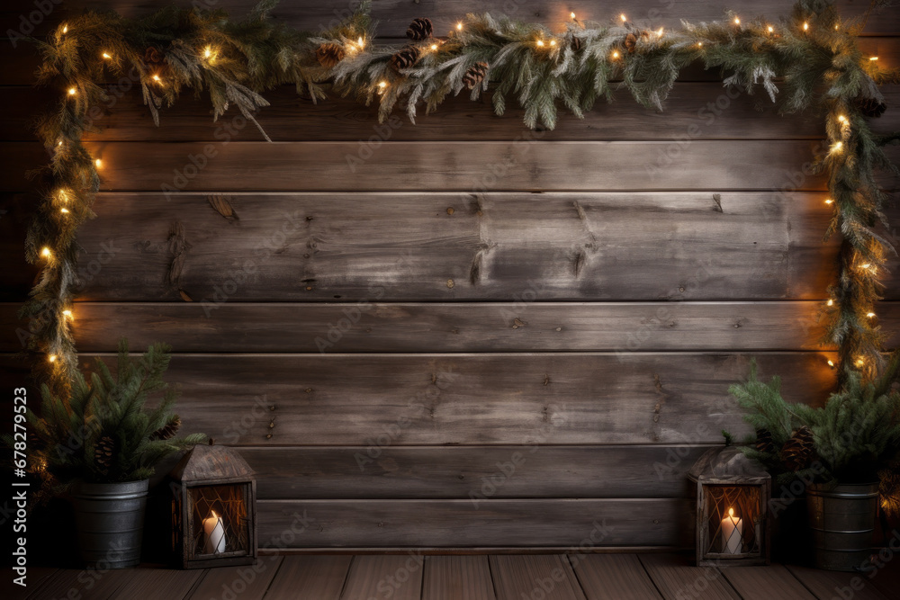 A Festive Glow: Wooden Wall Adorned with Christmas Lights and Greenery A Festive Glow: Wooden Wall Adorned with Christmas Lights and Greenery