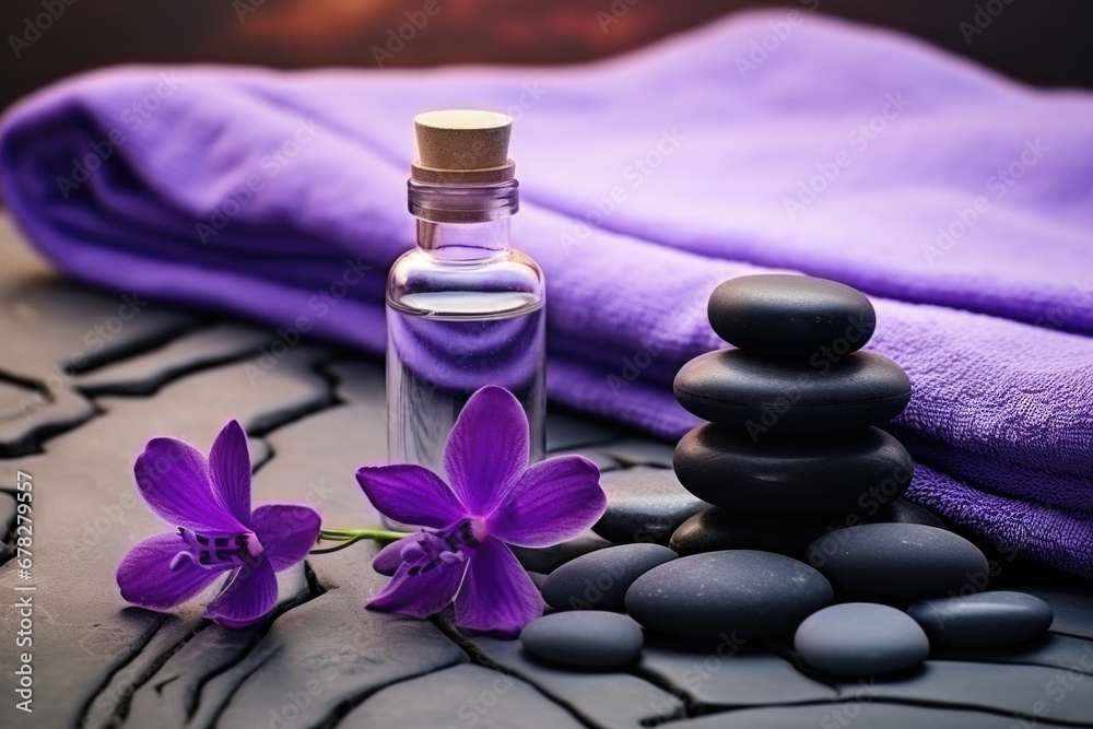 Spa composition with essential oil, violet flowers and towels Spa composition with essential oil, violet flowers and towels