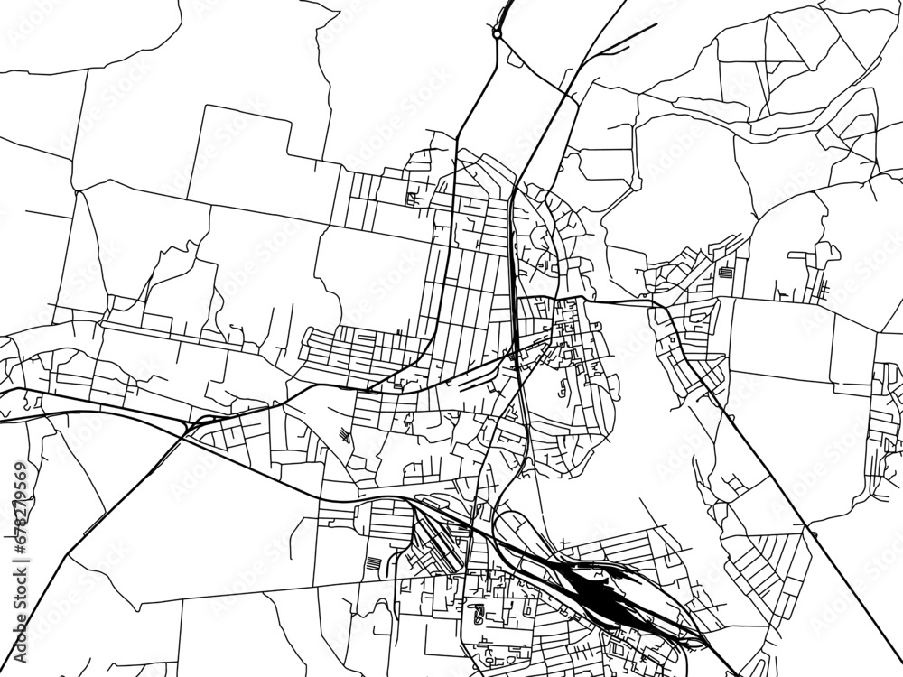 Vector road map of the city of Smila in Ukraine with black roads on a white background.