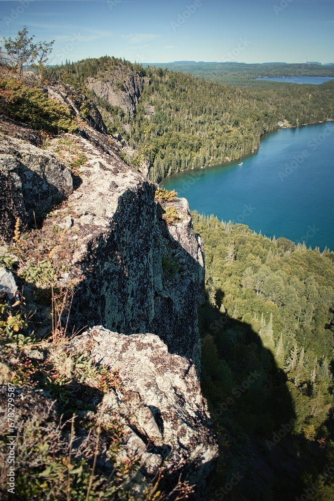 Aerial shot of rocky cliffs and trees