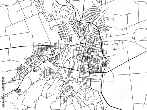 Vector road map of the city of Oleksandriya in Ukraine with black roads on a white background.