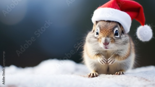 Portrait of a chipmunk in Santa hat. Christmas background.