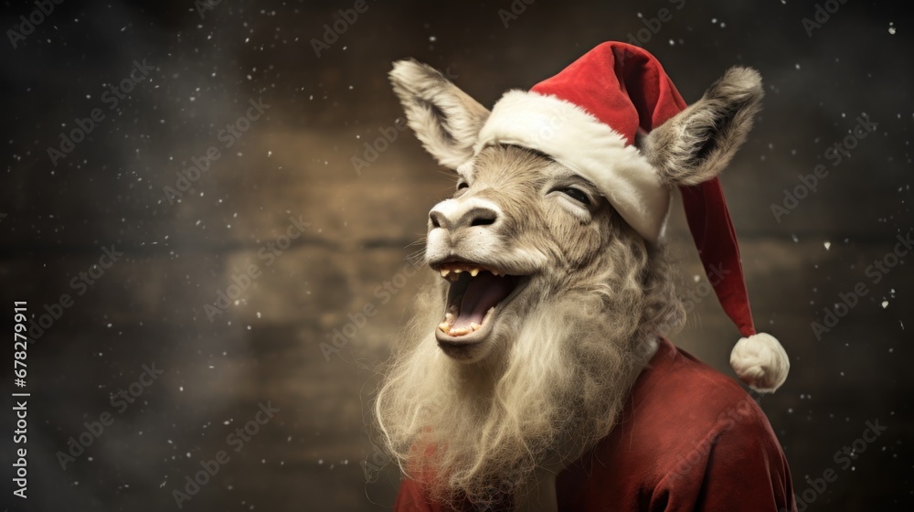 Portrait of a donkey in Santa hat. Christmas background. Portrait of a donkey in Santa hat. Christmas background.