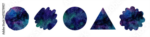 Watercolor galaxy, space, cosmic backgrounds set. Vector shapes collection - circle, brush stroke, liqiud rounded texture, triangle. Black, blue stains. Starry night frame, aquarelle sky templates.